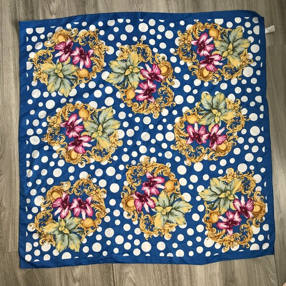 Berkshire Satin Sqare Large Scarf Blue Polka Dot Floral - Picture 4 of 7